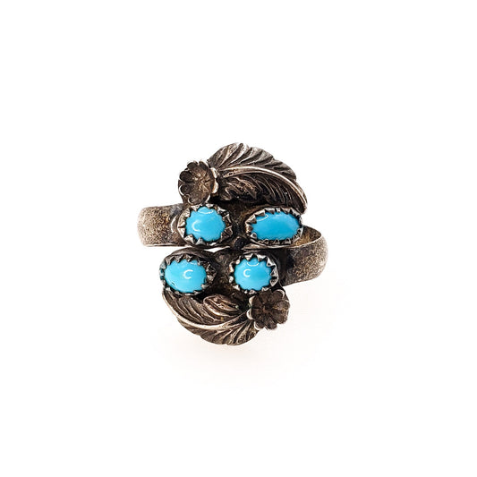 Vintage Turquoise Ring -  1960s Blue Turquoise and Sterling Silver Adjustable Ring - Multi Gem Unisex Southwestern Ring Size 8