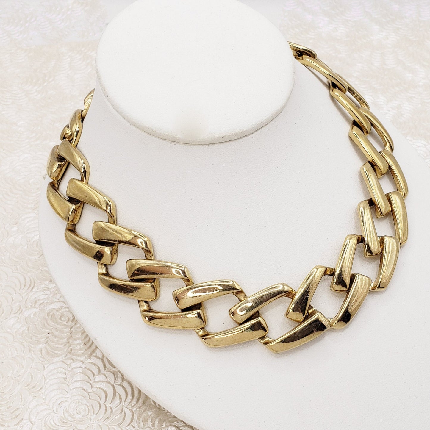 Vintage Yellow Gold Plate Chunky Necklace 1980s Gold Chunky Statement 17" Necklace - Thick Statement Costume Gold Necklace