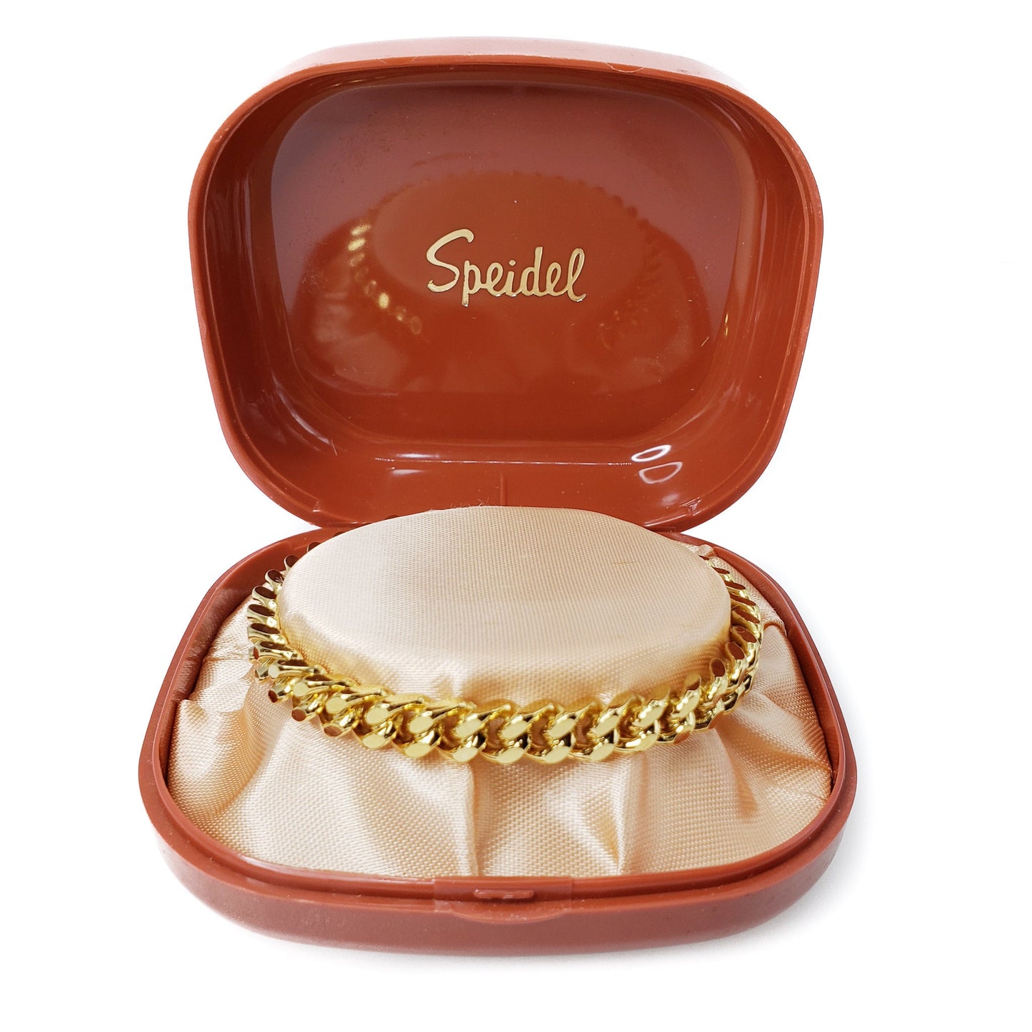 Vintage 1940s SPEIDEL Gold Plated Thin 6.75" Bracelet - 40s Retro Yellow Gold Plate Cuff with Original Celluloid Box