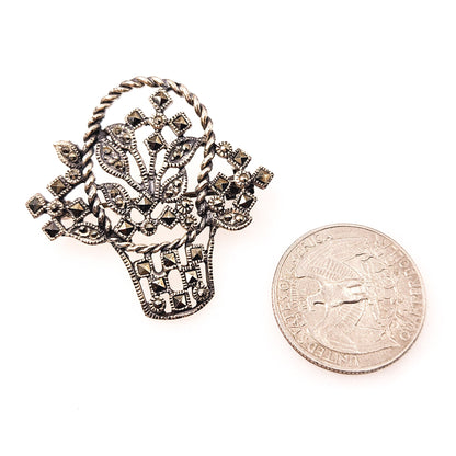 Vintage 1930s Sterling Silver and Marcasite Flower Basket Brooch