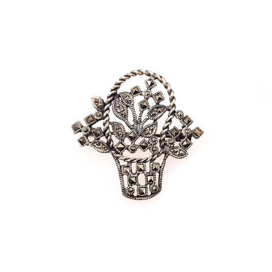 Vintage 1930s Sterling Silver and Marcasite Flower Basket Brooch - 30s Silver and Marcasite Spring Floral Basket Pin