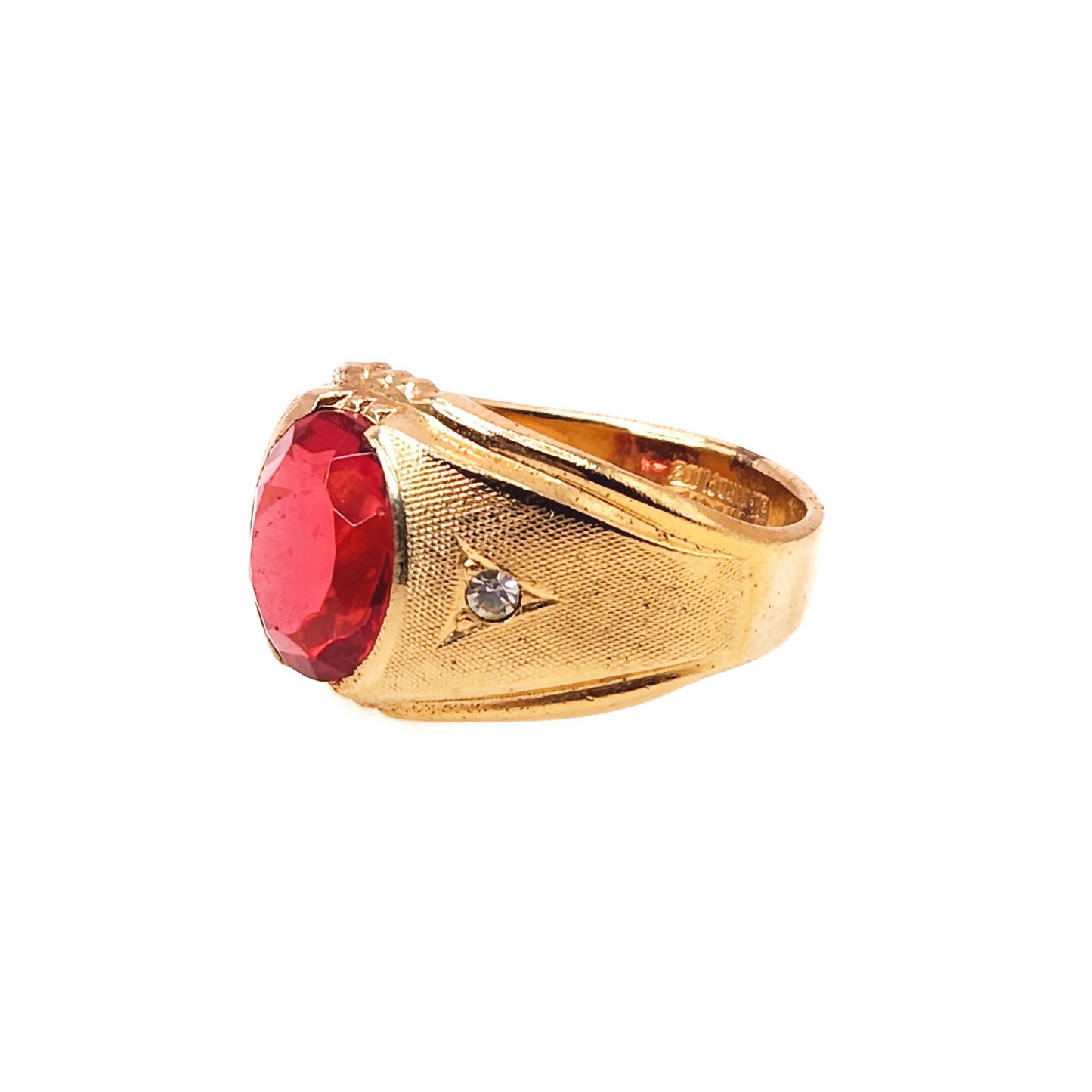 Vintage 1960s CLARK AND COOMBS Red and Yellow Gold Plate Ring - 60s Mid Century Red Glass and Gold Electroplated Unisex Ring Size 11.25