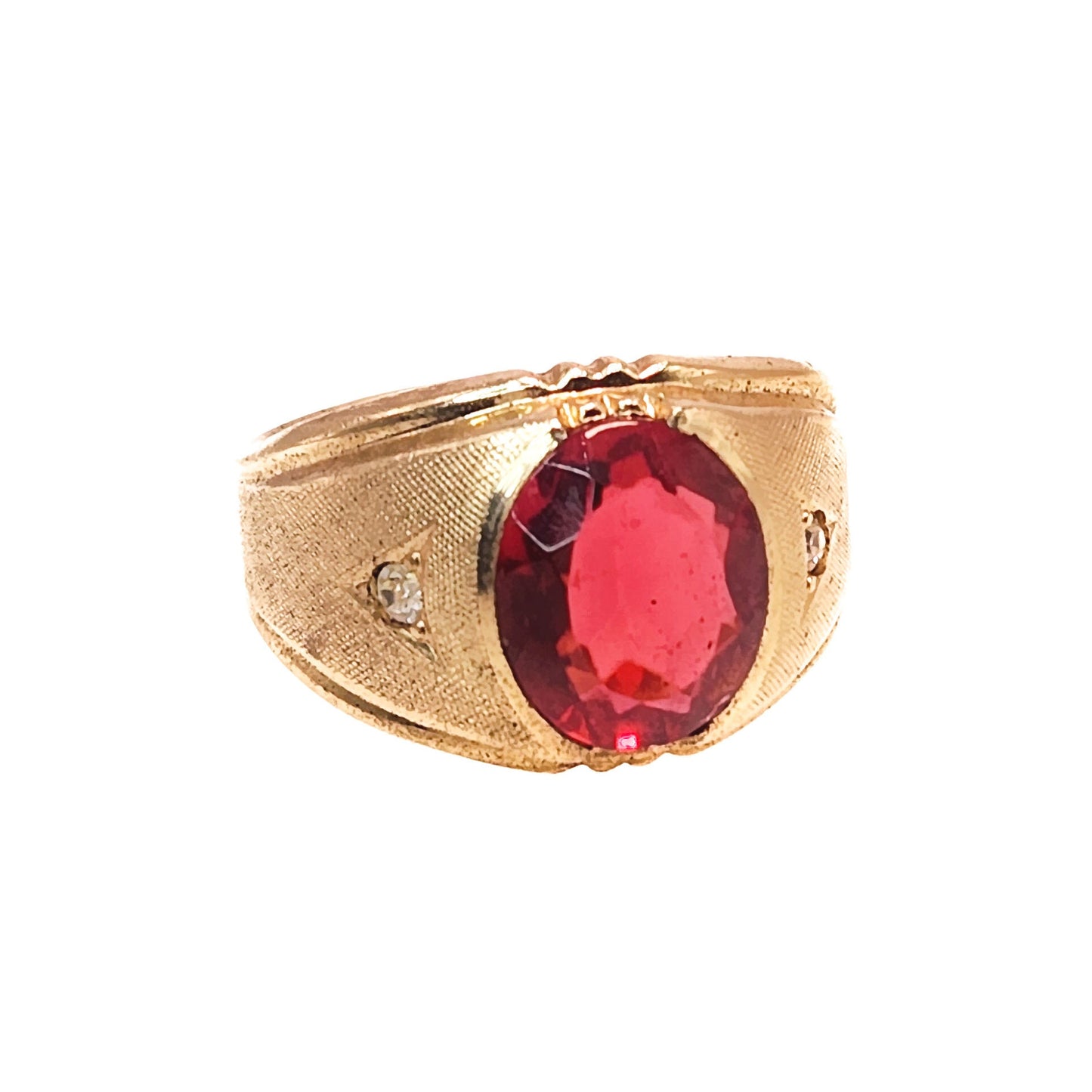 Vintage 1960s CLARK AND COOMBS Red and Yellow Gold Plate Ring - 60s Mid Century Red Glass and Gold Electroplated Unisex Ring Size 11.25