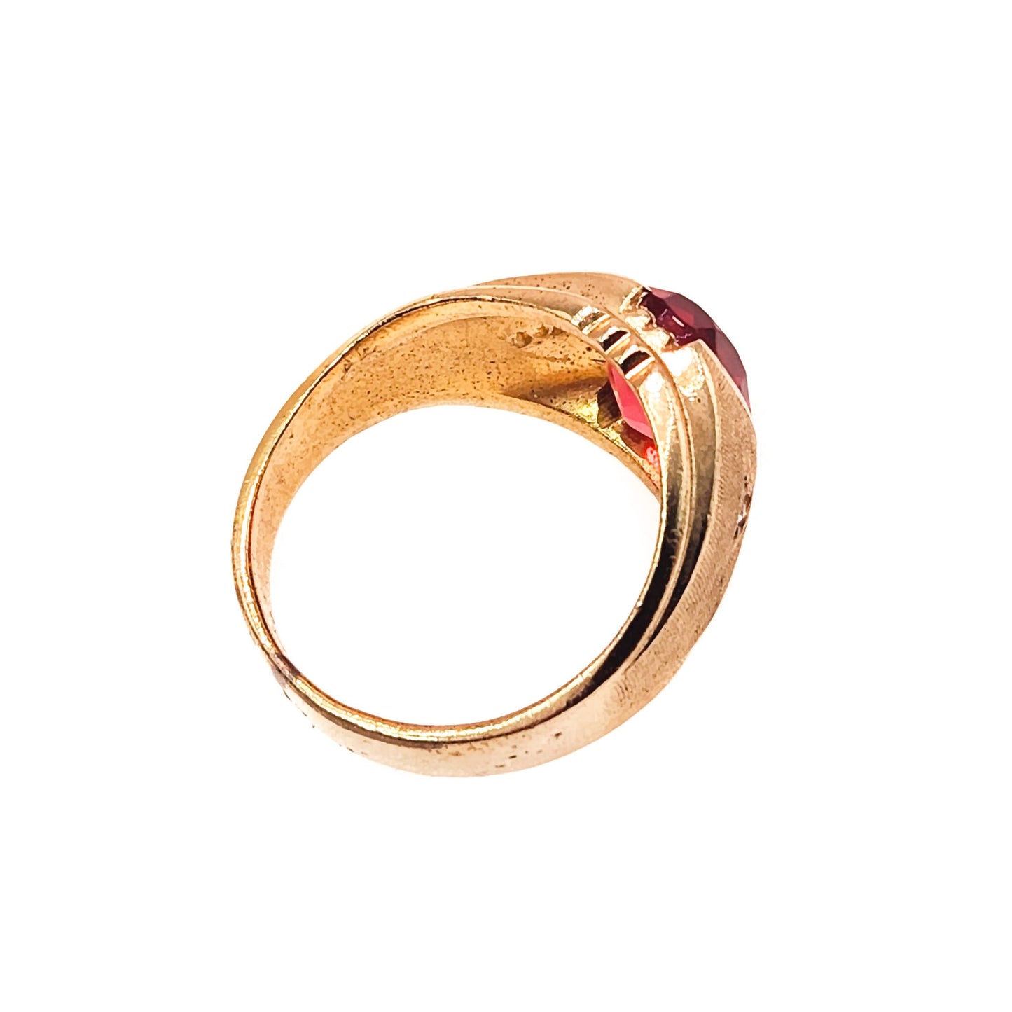 Vintage 1960s CLARK AND COOMBS Red and Yellow Gold Plate Ring - 60s Mid Century Red Glass and Gold Electroplated Unisex Ring Size 11.25