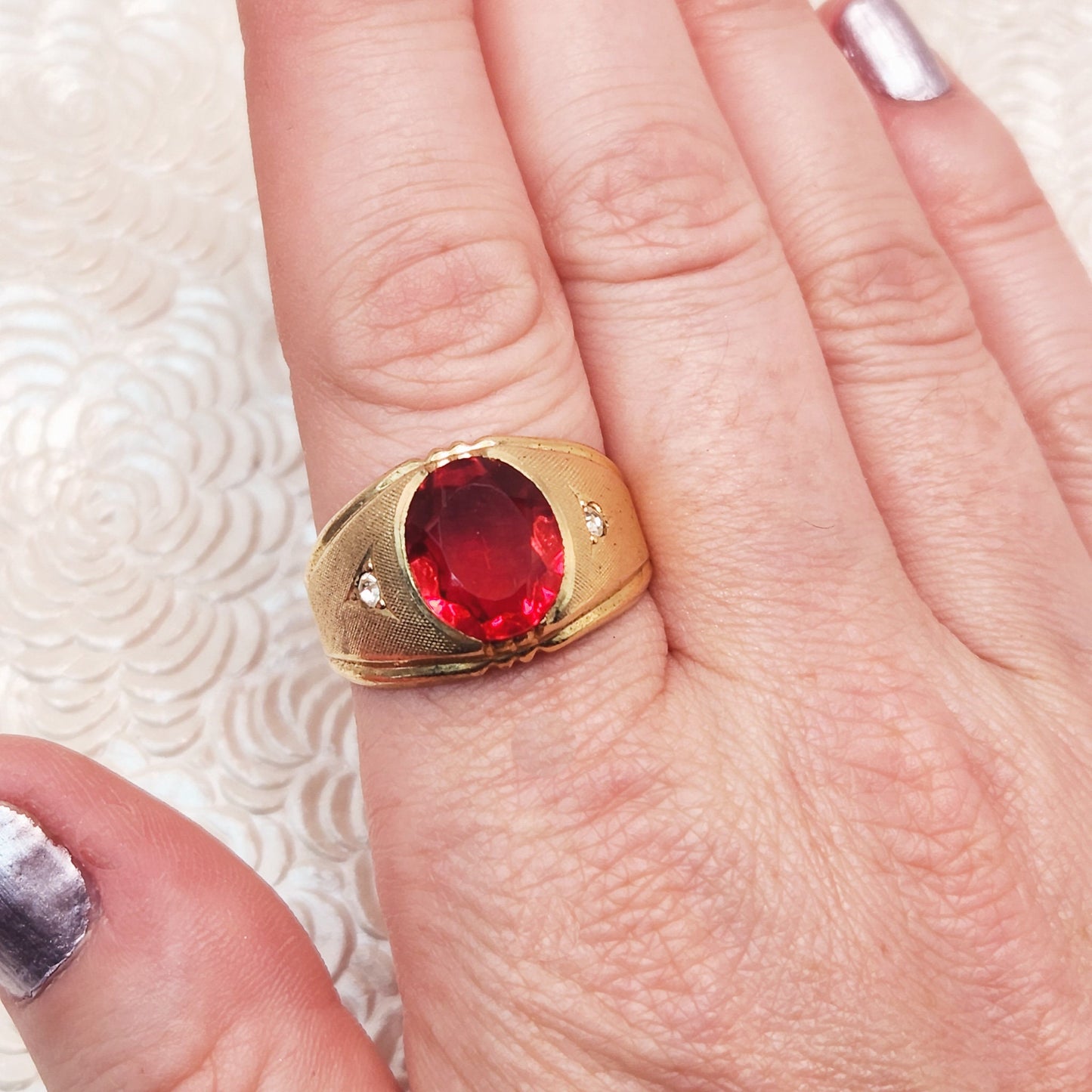 Vintage 1960s CLARK AND COOMBS Red and Yellow Gold Plate Ring - 60s Mid Century Red Glass and Gold Electroplated Unisex Ring Size 11.25