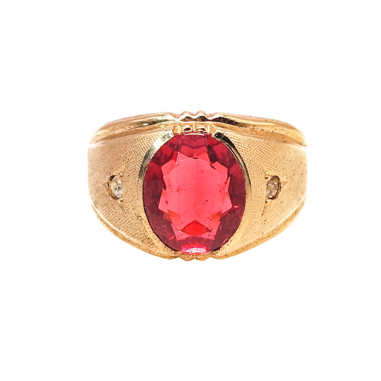 Vintage 1960s CLARK AND COOMBS Red and Yellow Gold Plate Ring - 60s Mid Century Red Glass and Gold Electroplated Unisex Ring Size 11.25