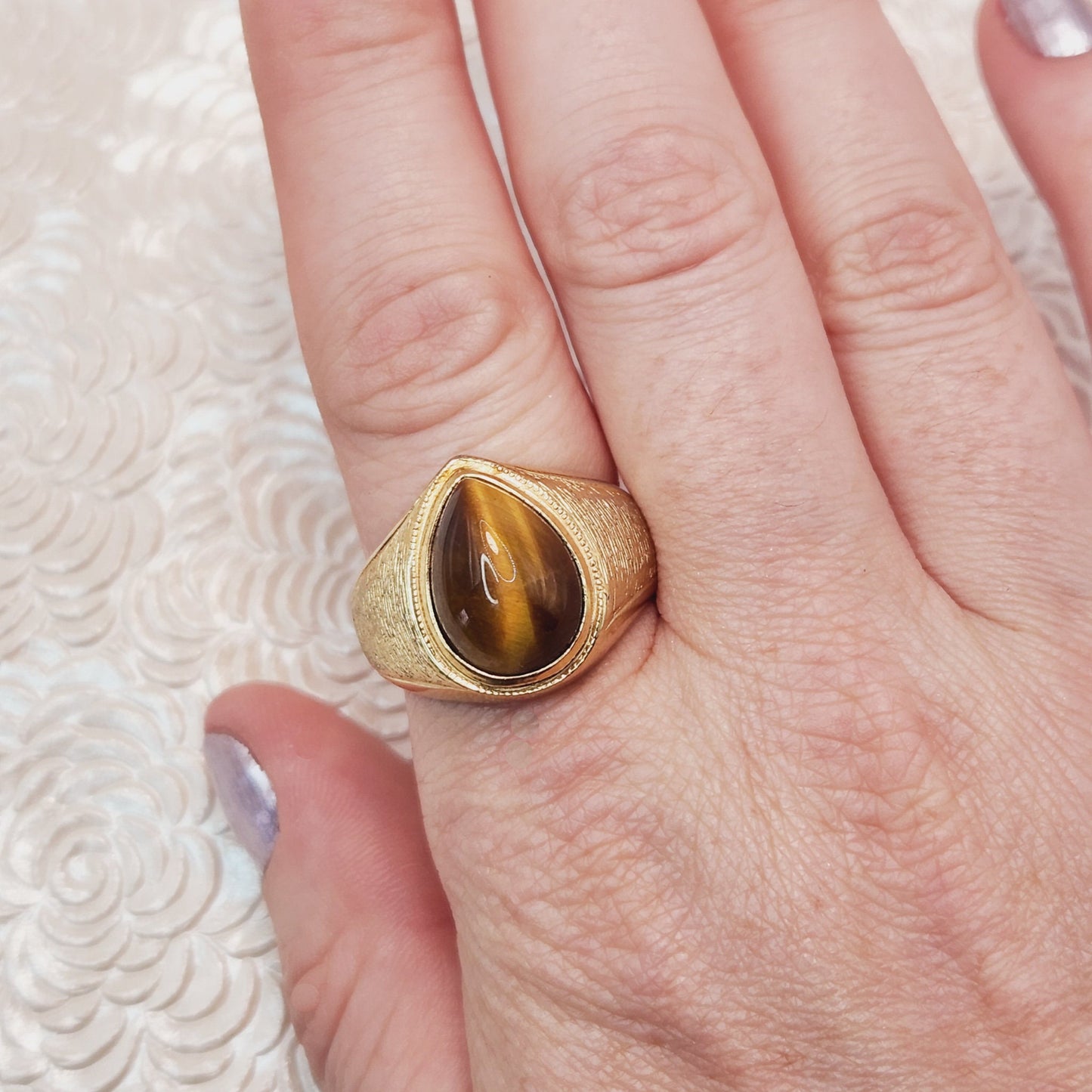 Vintage 1960s CLARK AND COOMBS Tiger's Eye and 10K Gold Electroplate Ring - 60s Brown Quartz Mid Century Unisex Ring Size 10.75