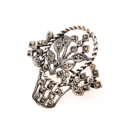 Vintage 1930s Sterling Silver and Marcasite Flower Basket Brooch
