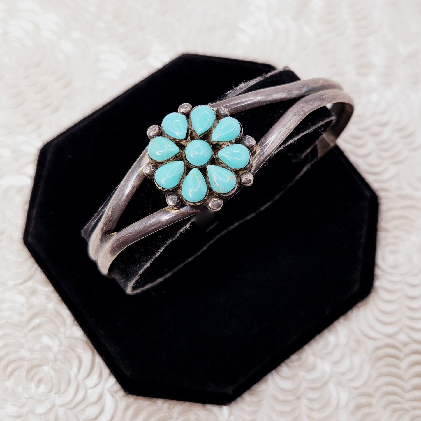 Vintage 1970s Imitation Turquoise and Sterling Petit Point Cuff - 70s Blue Imitation Turquoise Silver Southwestern 7" Bracelet