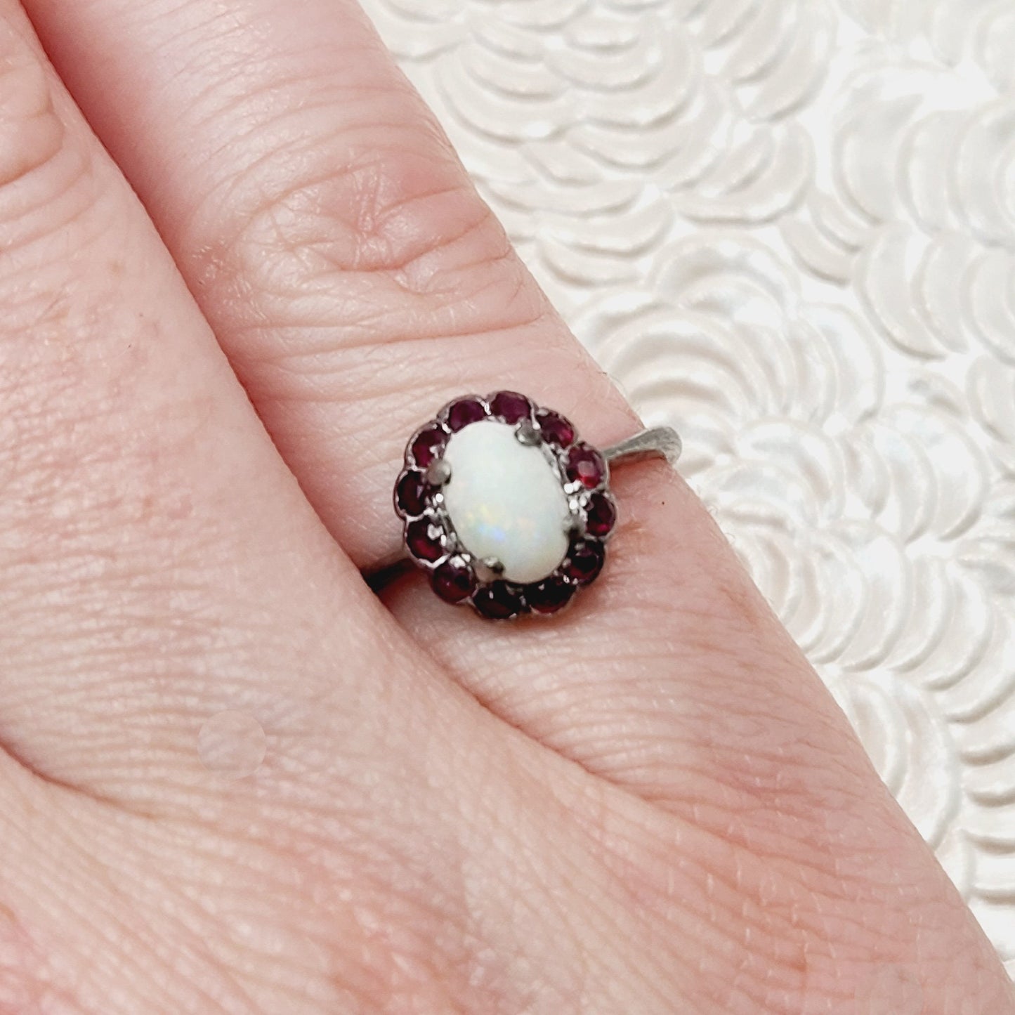 Antique 1910s White Opal and Red Spinel Halo Silver Ring Size 5 - Antique Opal, Spinel Silver Ring - Antique Gemstone Halo Ring