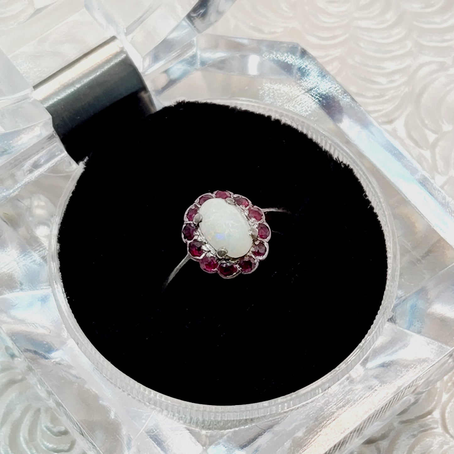 Antique 1910s White Opal and Red Spinel Halo Silver Ring Size 5 - Antique Opal, Spinel Silver Ring - Antique Gemstone Halo Ring