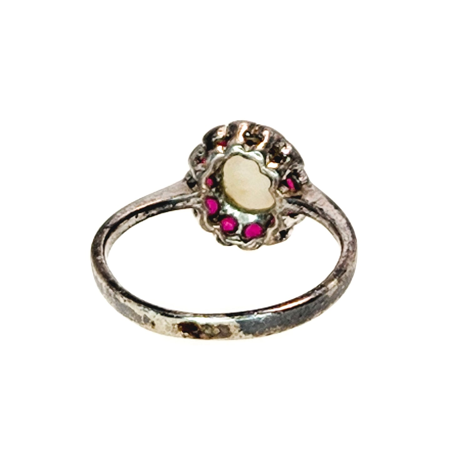 Antique 1910s White Opal and Red Spinel Halo Silver Ring Size 5 - Antique Opal, Spinel Silver Ring - Antique Gemstone Halo Ring