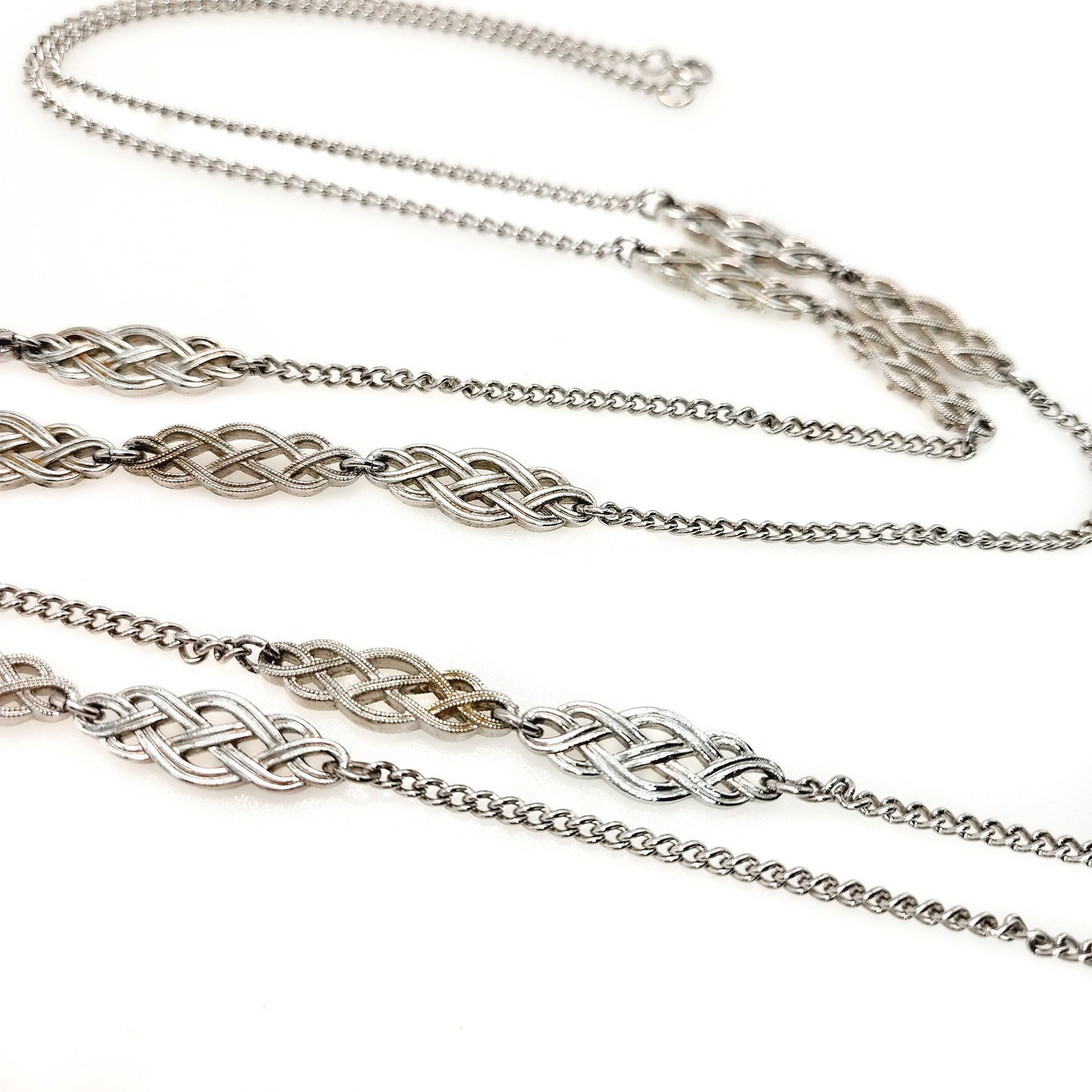 Vintage Long Silver Celtic Knot Costume Necklace - 1980s Silver Tone and Silver Plate Chain 54" Necklace - Silver Layering Necklace