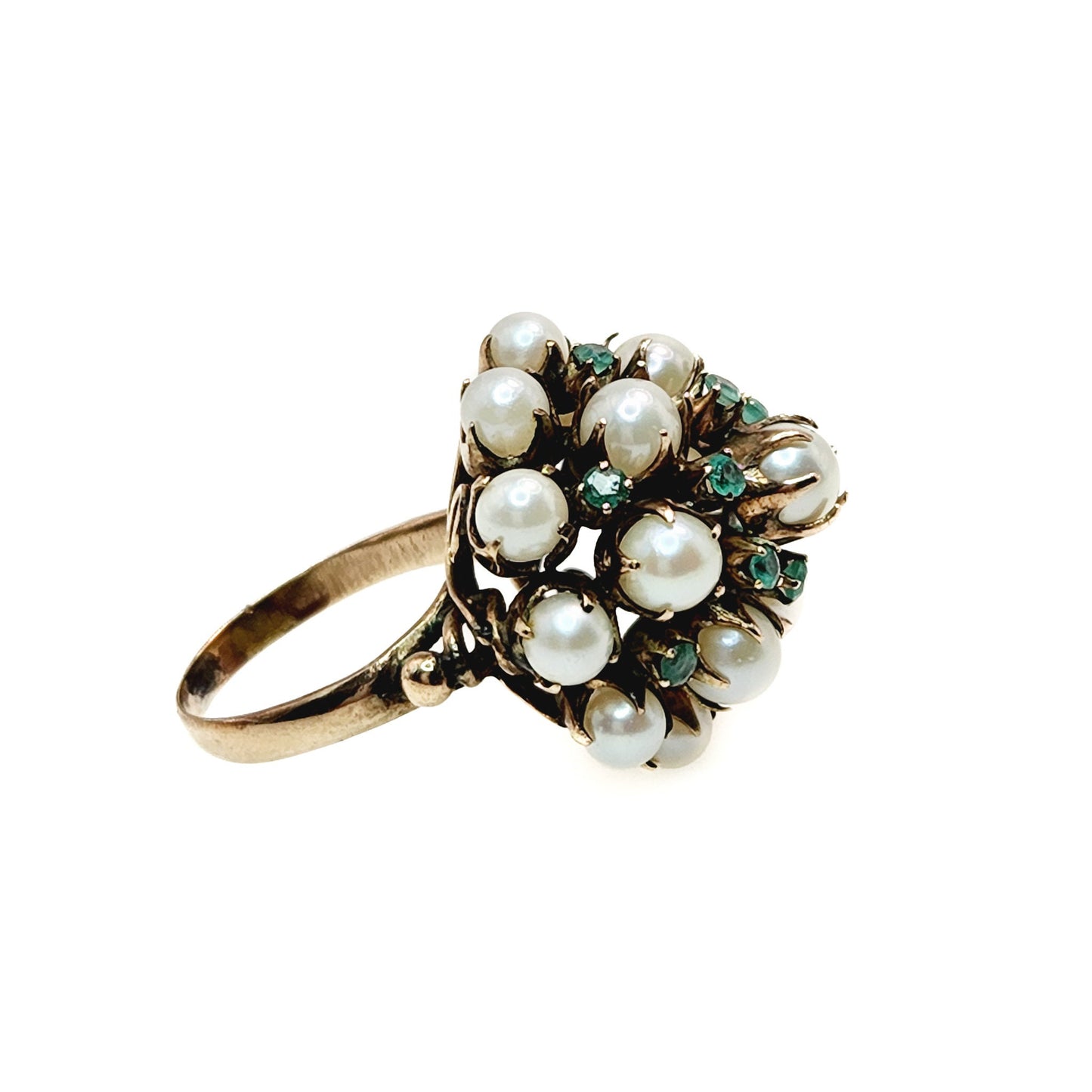 Vintage 1950s Emerald, Cultured Akoya Pearl, and 10K Yellow Gold Cocktail Ring Size 6 - 50s Pearl, Emerald, Gold Statement Ring