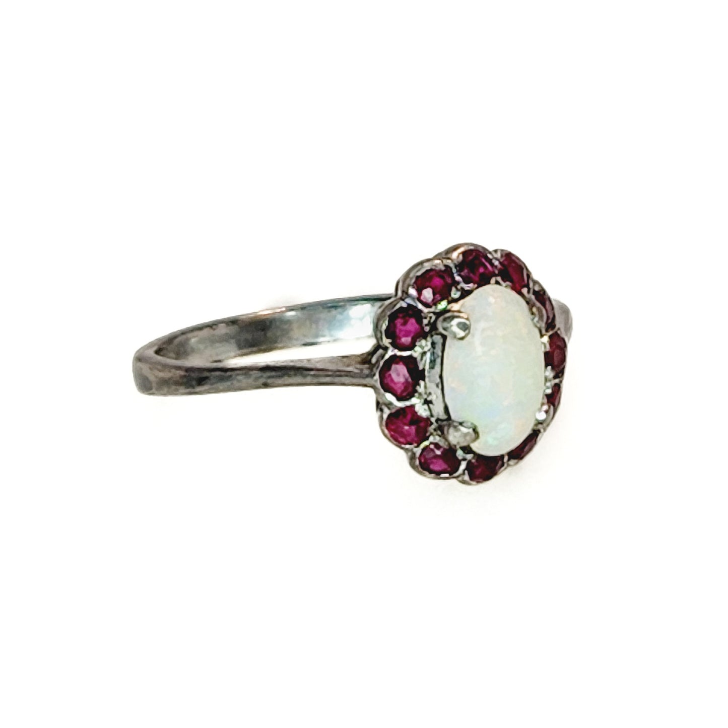 Antique 1910s White Opal and Red Spinel Halo Silver Ring Size 5 - Antique Opal, Spinel Silver Ring - Antique Gemstone Halo Ring