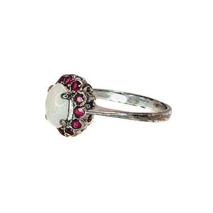 Antique 1910s White Opal and Red Spinel Halo Silver Ring Size 5