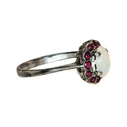 Antique 1910s White Opal and Red Spinel Halo Silver Ring Size 5