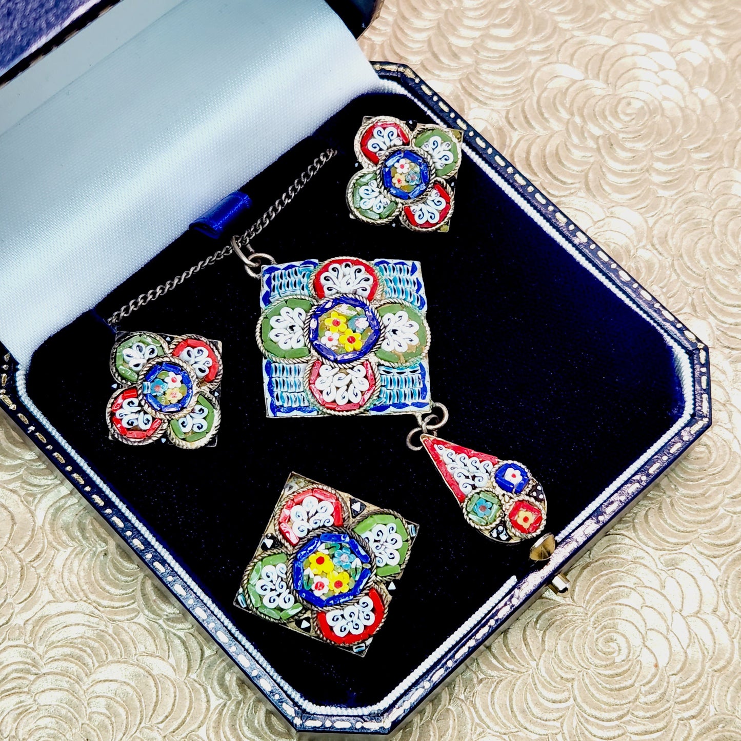 Antique 1920s Mosaic Jewelry Set - Micro Mosaic Necklace, Clip On Earrings, and Brooch Set - Colorful Deco Mosaic Ears and Brooch Set