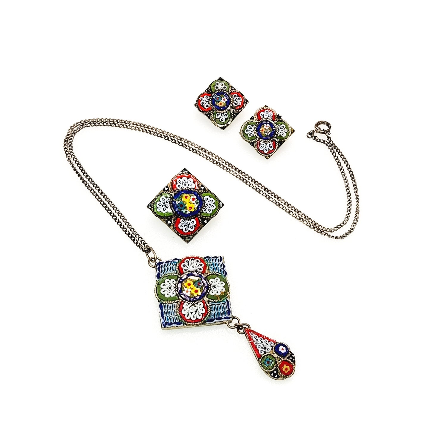 Antique 1920s Mosaic Jewelry Set - Micro Mosaic Necklace, Clip On Earrings, and Brooch Set - Colorful Deco Mosaic Ears and Brooch Set