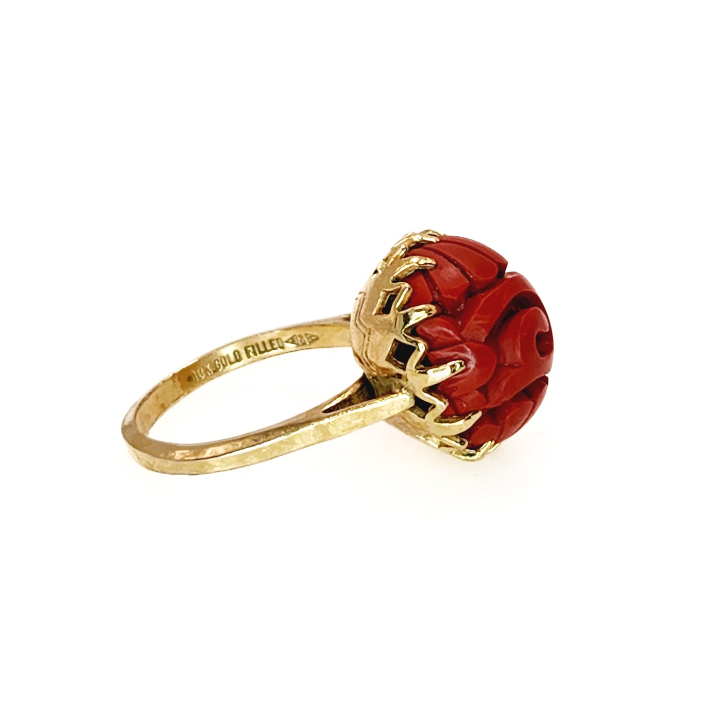 Vintage 1950s CLARK AND COOMBS Imitation Cinnabar and 10K Gold Filled Ring Size 7 - 50s Red Carved Gold Ring