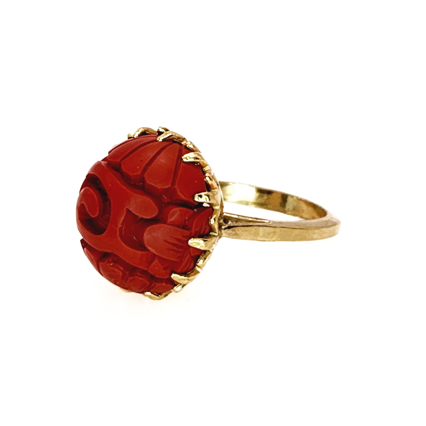 Vintage 1950s CLARK AND COOMBS Imitation Cinnabar and 10K Gold Filled Ring Size 7 - 50s Red Carved Gold Ring