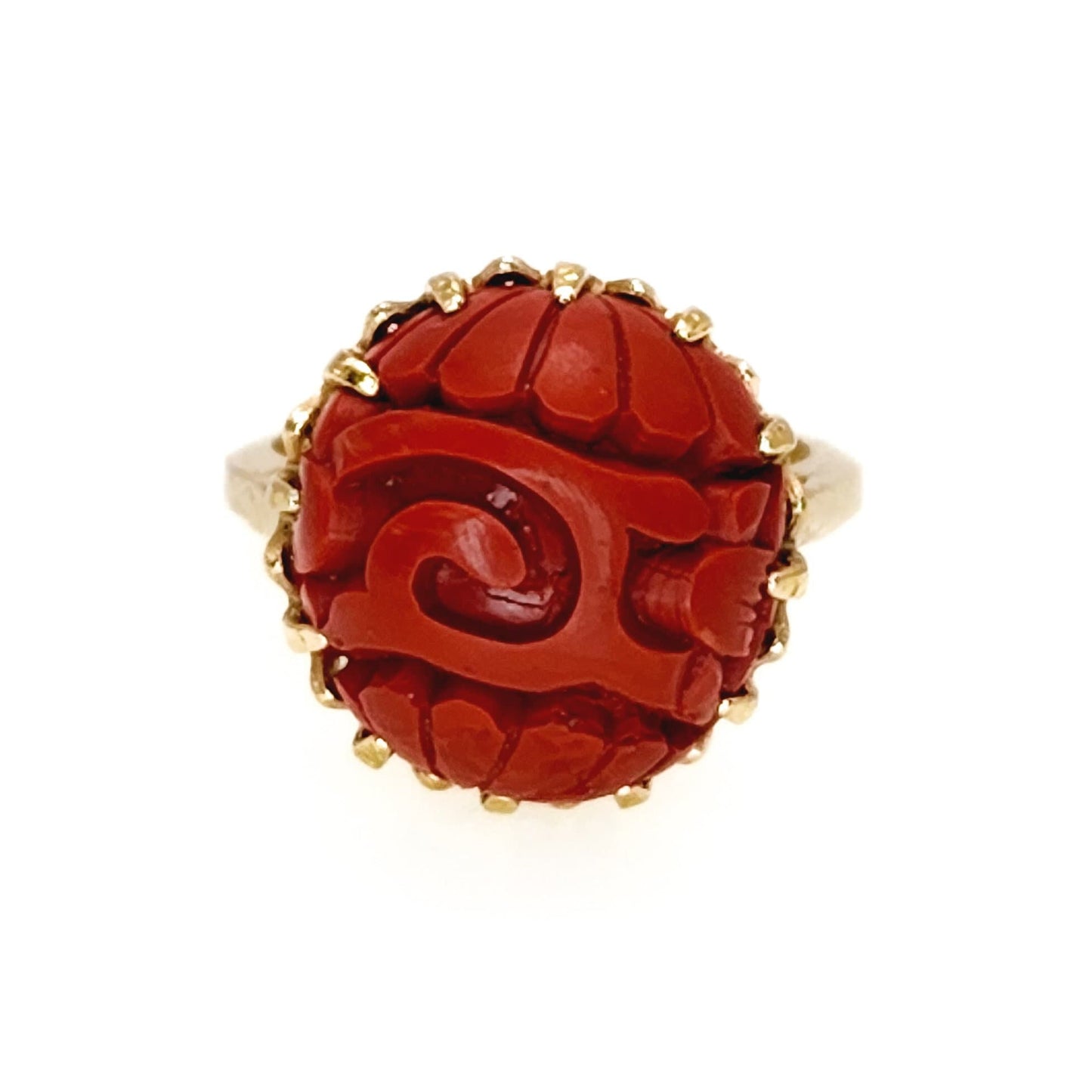 Vintage 1950s CLARK AND COOMBS Imitation Cinnabar and 10K Gold Filled Ring Size 7 - 50s Red Carved Gold Ring