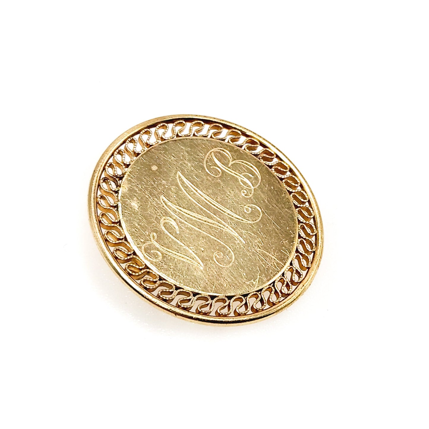 Vintage 1950s Engraved VMB Initials Yellow Gold Filled Brooch - 50s Engraved Gold Fill Circle Pin