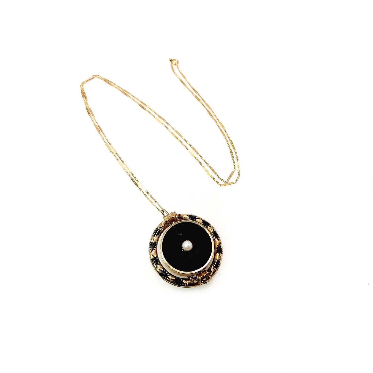 Antique Mourning Pearl Black Necklace - 1880s Mid-Victorian Enamel, Seed Pearl, and Gold Filled Fob Flip 29" Necklace