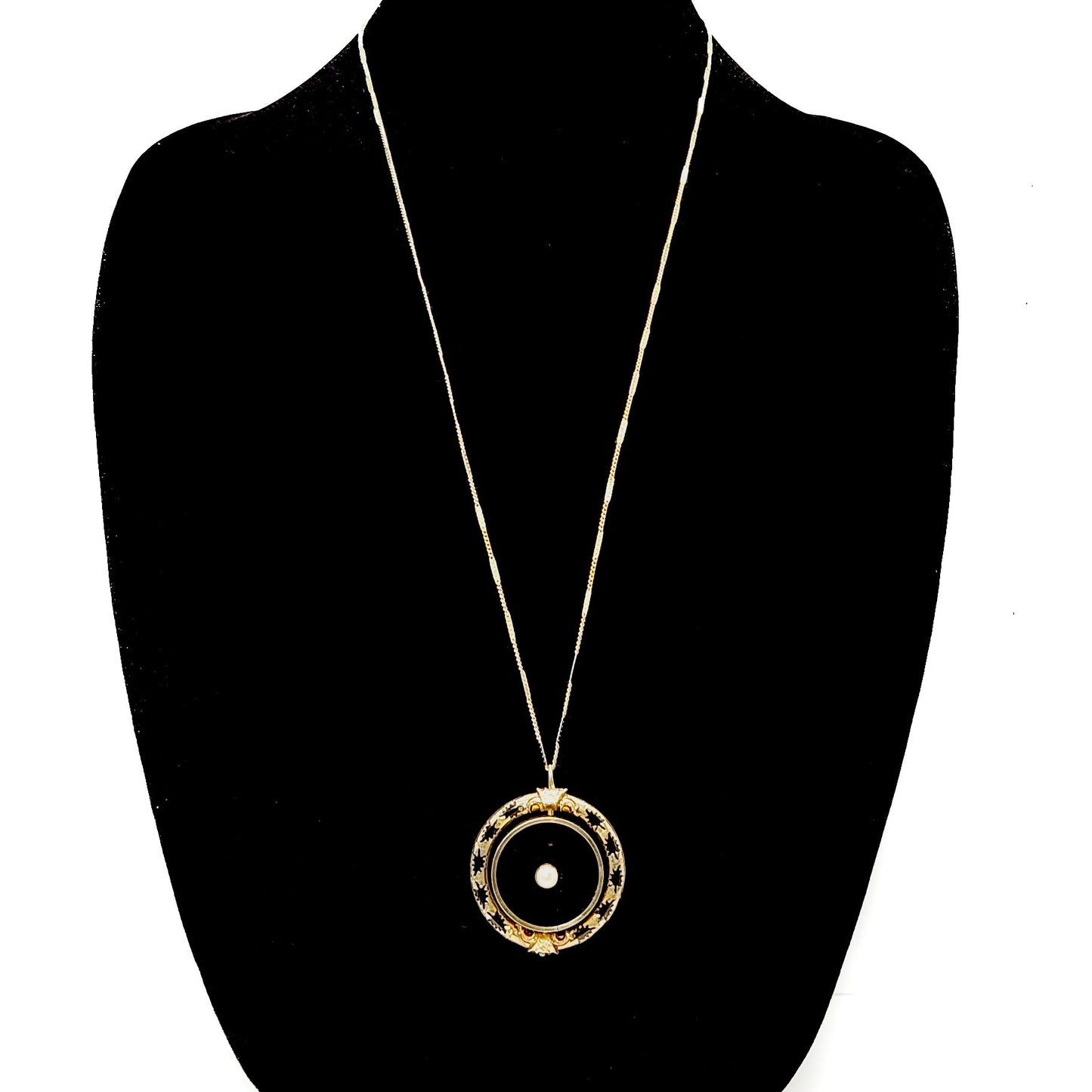 Antique Mourning Pearl Black Necklace - 1880s Mid-Victorian Enamel, Seed Pearl, and Gold Filled Fob Flip 29" Necklace