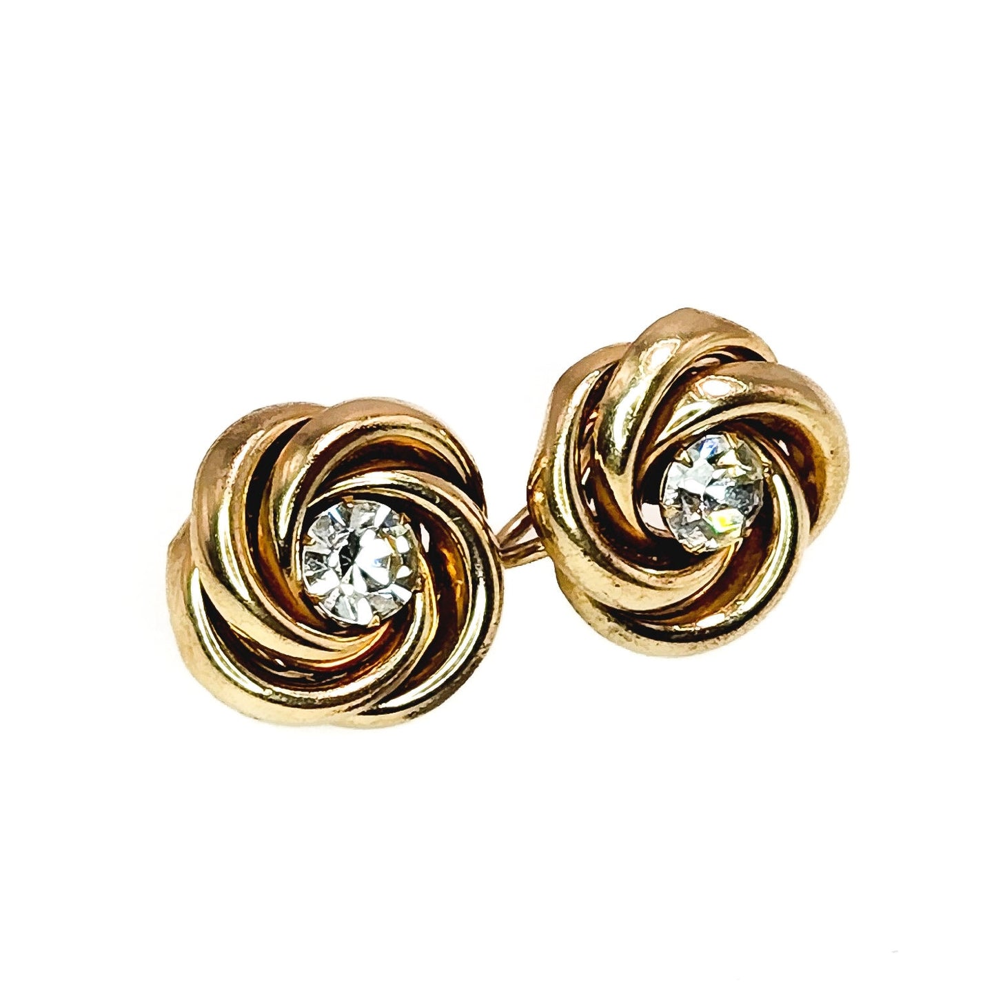 Vintage 1940s Retro Art Deco Glass Rhinestone and Yellow Gold Filled Swirl Screw Back Earrings - Vintage Non Pierced Gold Earrings