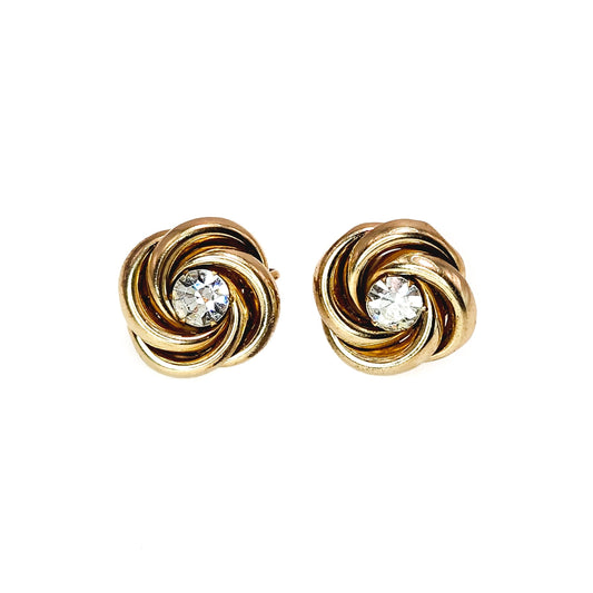 Vintage 1940s Retro Art Deco Glass Rhinestone and Yellow Gold Filled Swirl Screw Back Earrings - Vintage Non Pierced Gold Earrings