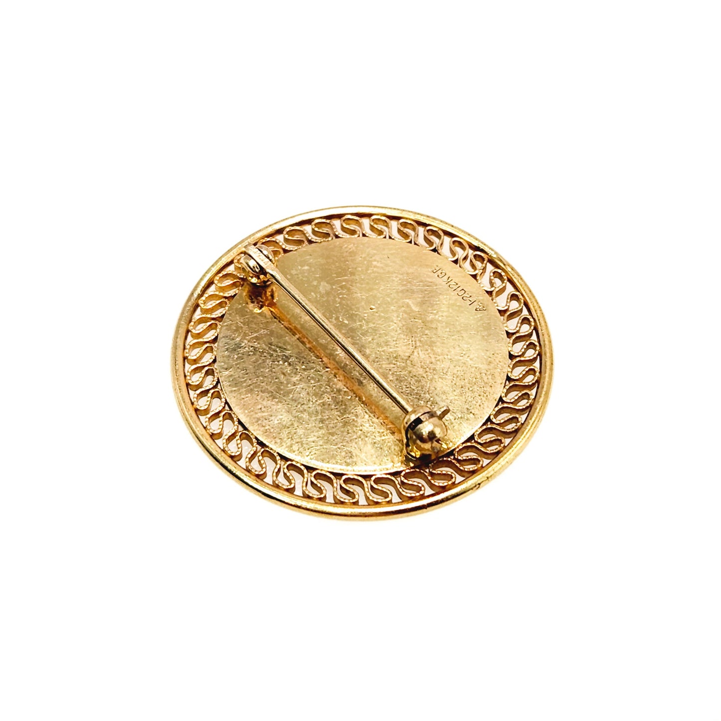 Vintage 1950s Engraved VMB Initials Yellow Gold Filled Brooch - 50s Engraved Gold Fill Circle Pin