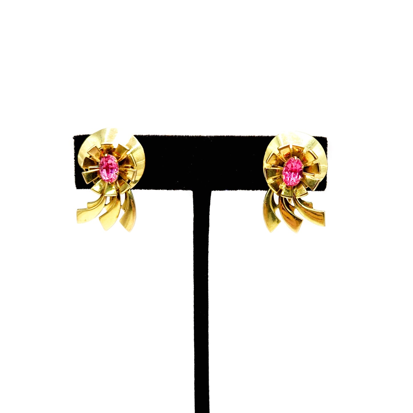 Vintage 1940s LOUIS STERN Co. Retro Art Deco Pink Rhinestone and Gold Filled Screw Back Earrings