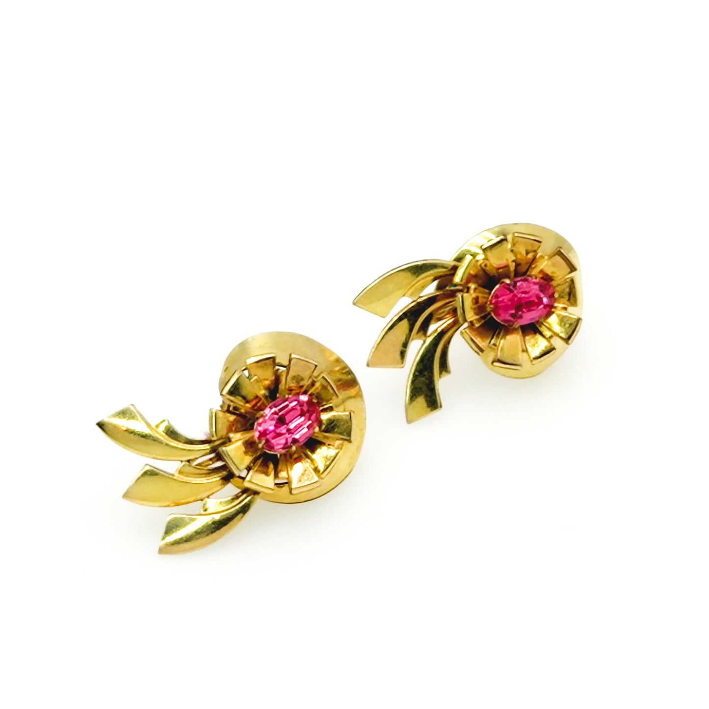 Vintage 1940s LOUIS STERN Co. Retro Art Deco Pink Rhinestone and Gold Filled Screw Back Earrings