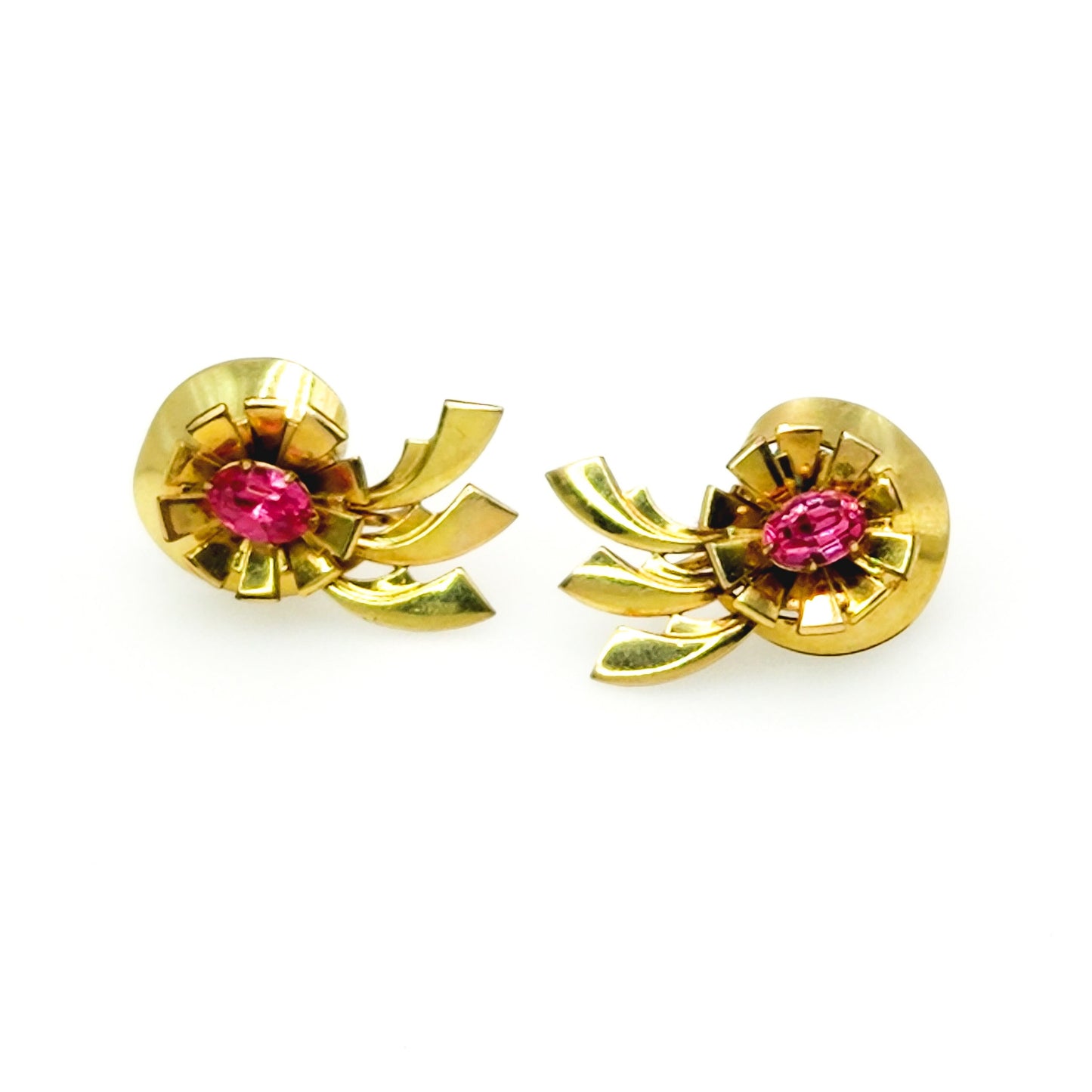 Vintage 1940s LOUIS STERN Co. Retro Art Deco Pink Rhinestone and Gold Filled Screw Back Earrings