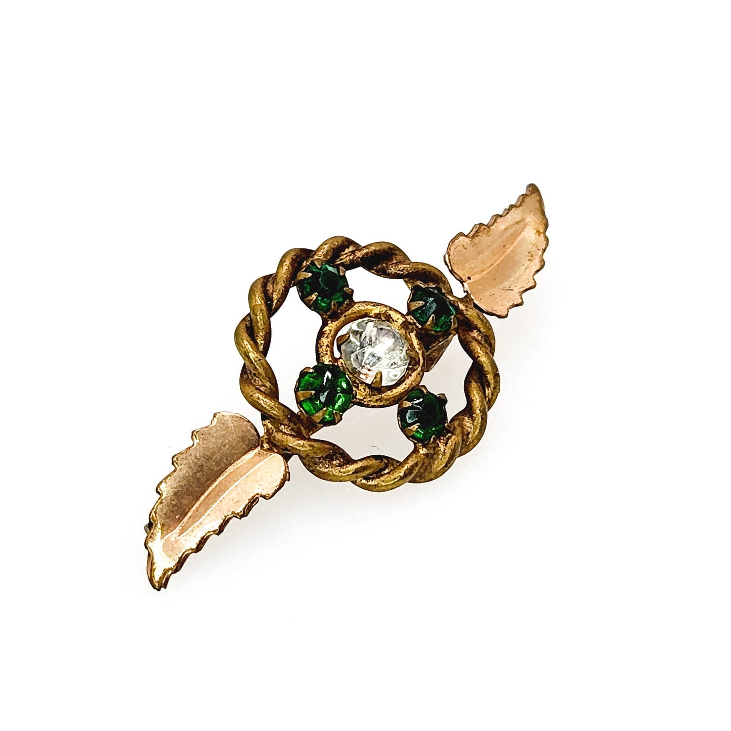 Antique 1910s Edwardian Green and Clear Paste and Gold Filled Wreath Leaf Brooch - Antique Green Paste Leaves Pin