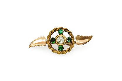 Antique 1910s Edwardian Green and Clear Paste and Gold Filled Wreath Leaf Brooch