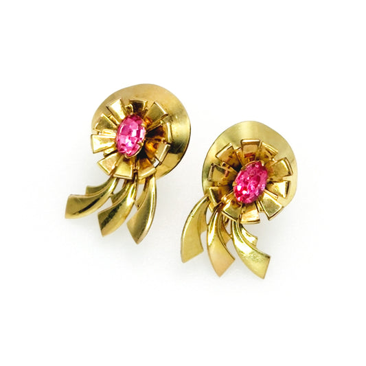 Vintage 1940s LOUIS STERN Co. Retro Art Deco Pink Rhinestone and Gold Filled Screw Back Earrings