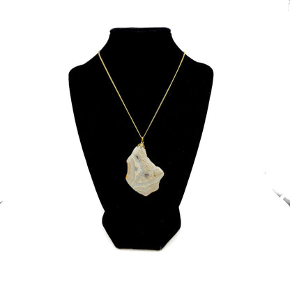 Vintage 1990s Banded Agate Stone Slice and Brass Pendant Southwestern 16"  Necklace