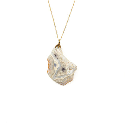 Vintage 1990s Banded Agate Stone Slice and Brass Pendant Southwestern 16"  Necklace