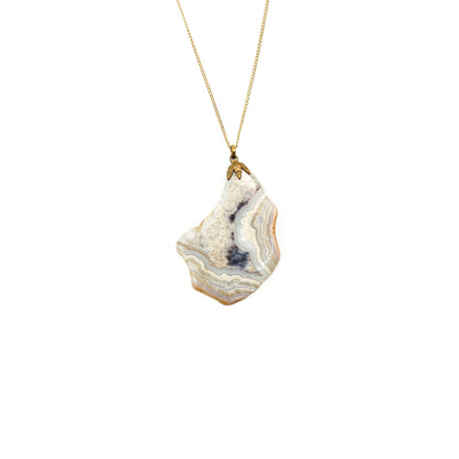 Vintage 1990s Banded Agate Stone Slice and Brass Pendant Southwestern 16"  Necklace