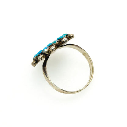 Vintage 1980s Blue Turquoise and Sterling Silver Petit Point Flower Southwestern Cluster Silver Ring Size 8