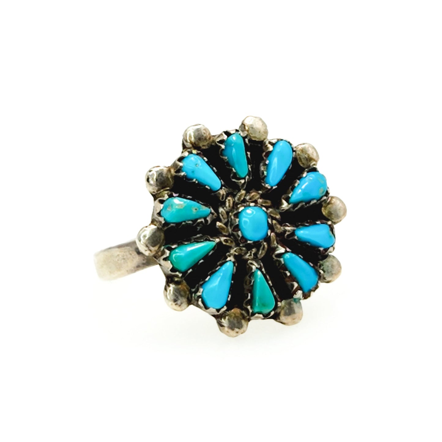 Vintage 1980s Turquoise and Sterling Silver Petit Point Flower Ring Size 8 - 80s Blue Turquoise Southwestern Cluster Silver Ring