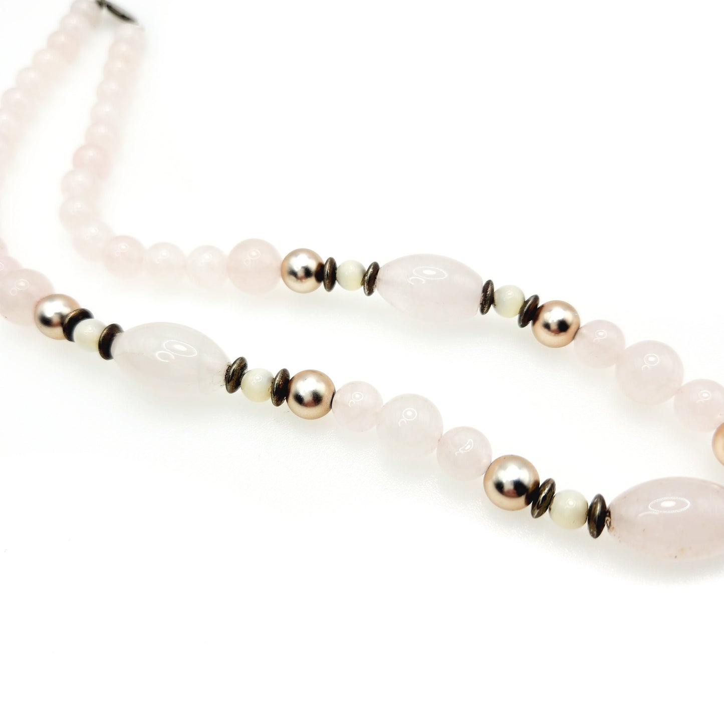 Vintage Pink Rose Quartz, Mother of Pearl, Silver Bead Necklace - 1960s Sterling Silver and Quartz Beaded 19" Necklace - Boho Quartz Crystal