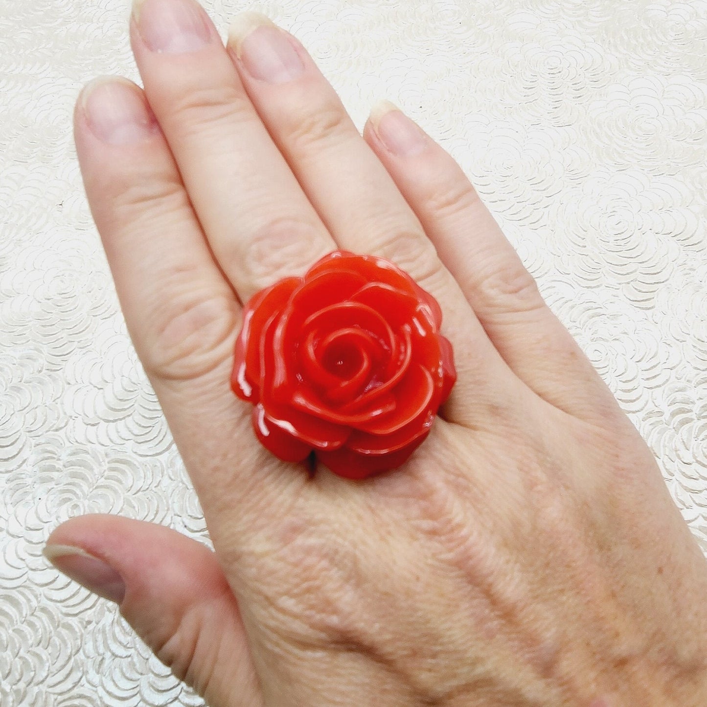 Vintage 1990s KENNETH JAY LANE Red Rose Enamel Statement Gold Plate Ring Size 8.5 - 90s Large Red Rose Statement Flower Ring