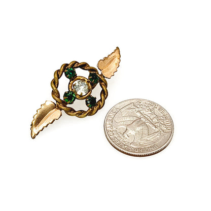 Antique 1910s Edwardian Green and Clear Paste and Gold Filled Wreath Leaf Brooch