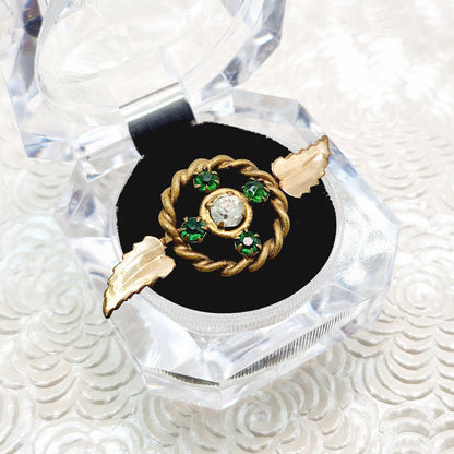 Antique 1910s Edwardian Green and Clear Paste and Gold Filled Wreath Leaf Brooch