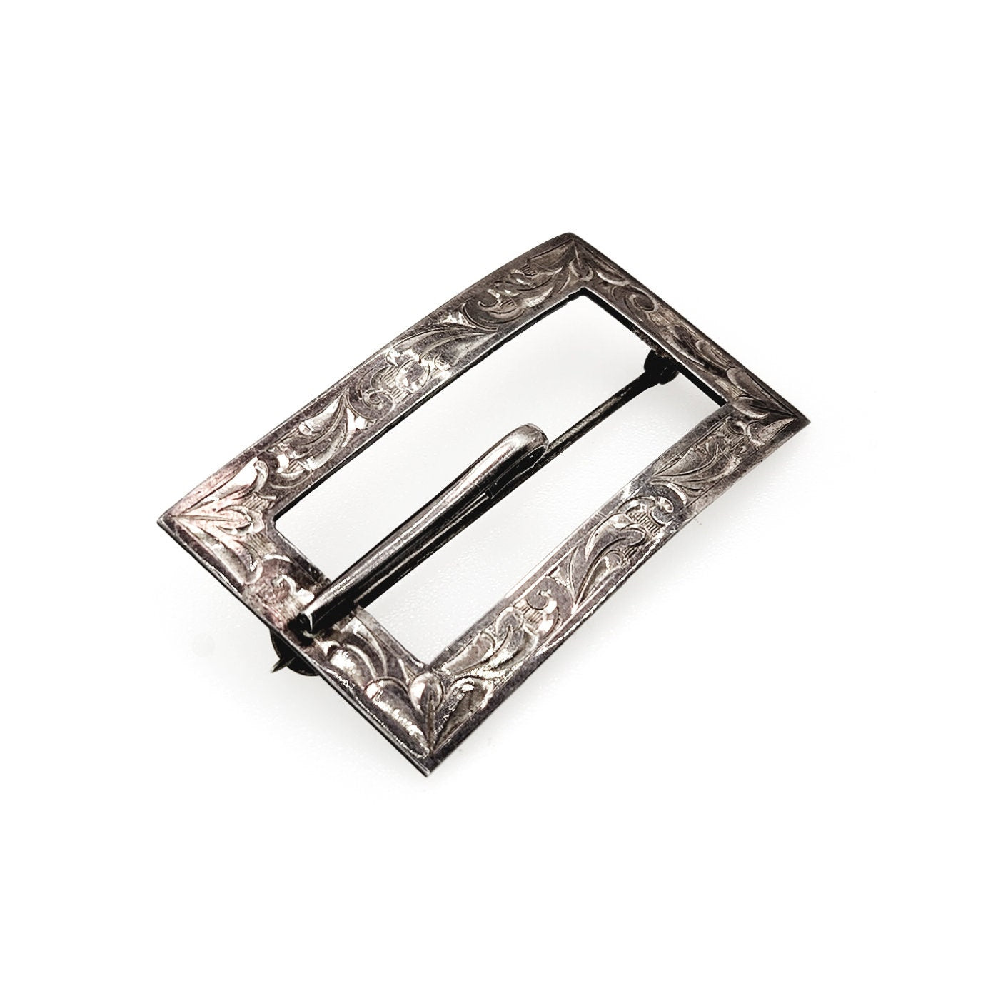 Antique 1900s Victorian Sterling Silver Brooch - Late Victorian Chased Buckle Sash Pin Brooch - Unisex Silver Antique Brooch