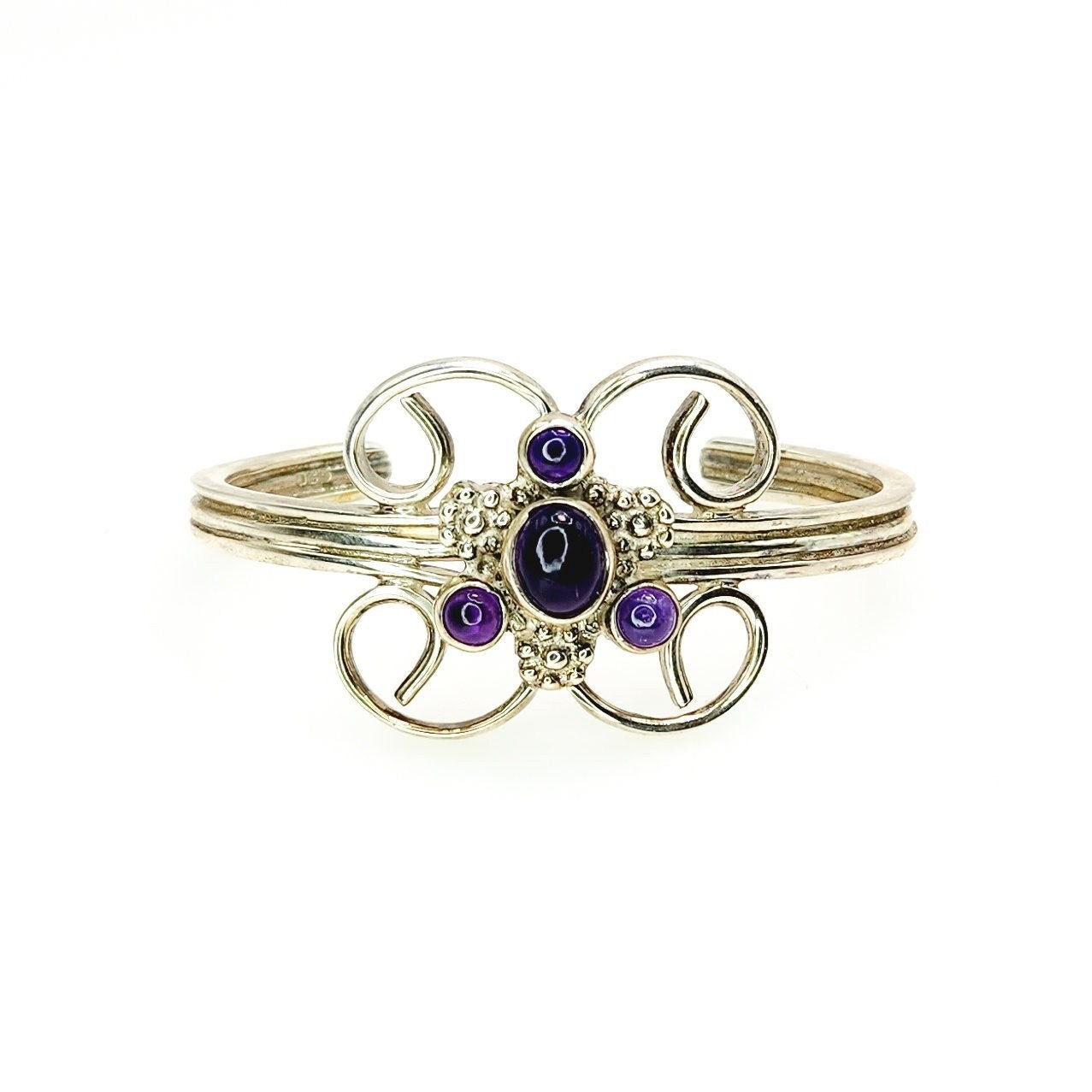 Vintage 1990s Amethyst and Sterling Silver Swirled Flower Cuff 6.5" Bracelet - 90s Purple Amethyst, Silver Statement Cuff