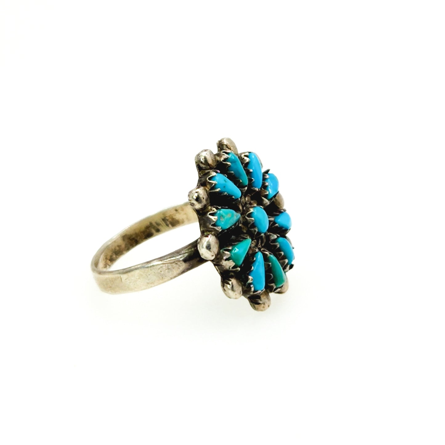 Vintage 1980s Turquoise and Sterling Silver Petit Point Flower Ring Size 8 - 80s Blue Turquoise Southwestern Cluster Silver Ring